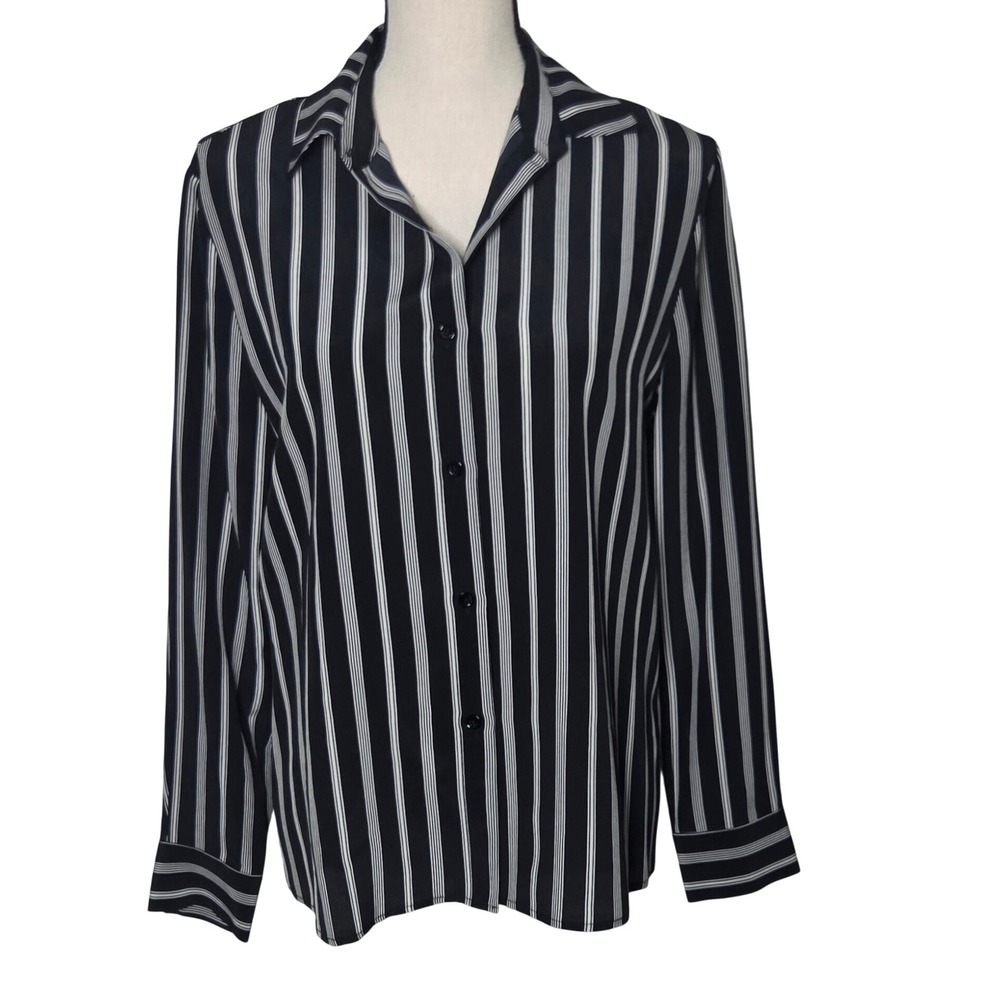 LilySilk Womens Black and White Striped 100% Mulberry Silk Button Down Blouse M - Picture 3 of 10